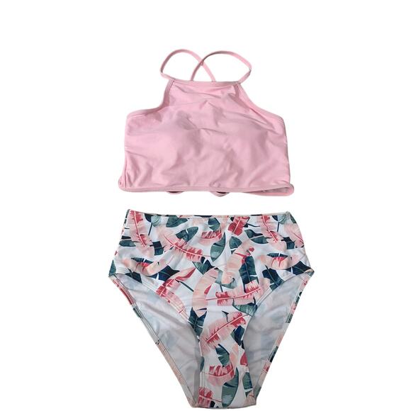 Romwe Bikini 2 pc Pink Green High Rise Size Medium Leaf Pattern - Picture 10 of 12